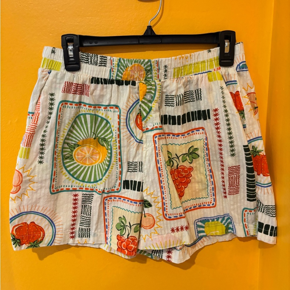 Fruit Print Cotton Shorts in White with Multicolor Fruit Motifs